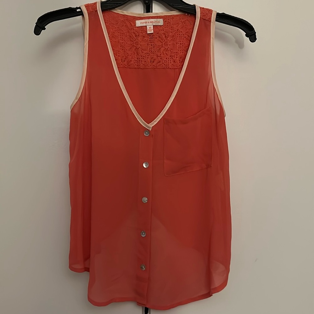 Coral Sheer & Lace Sleeveless Button Down Top with Open Back